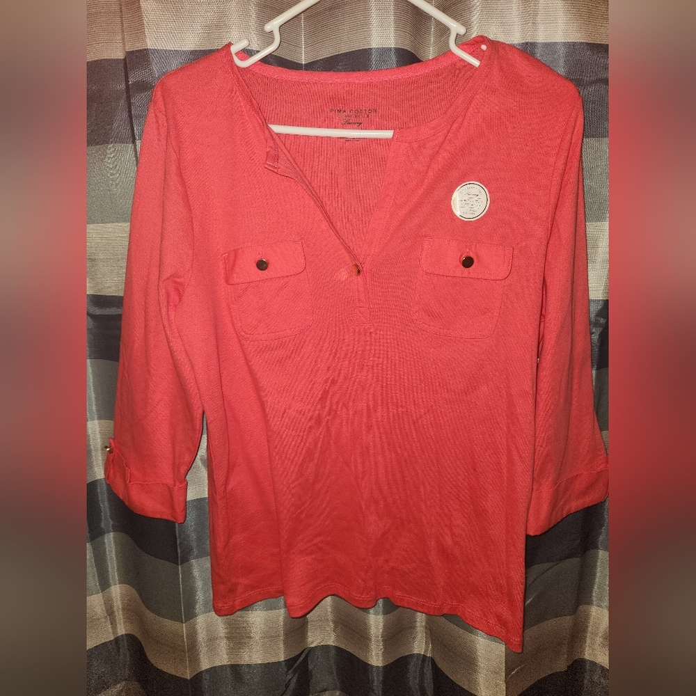 NWT Large Charter Club Coral Pink 3/4 Sleeve Top, Pima Cotton, Preppy, Classy
